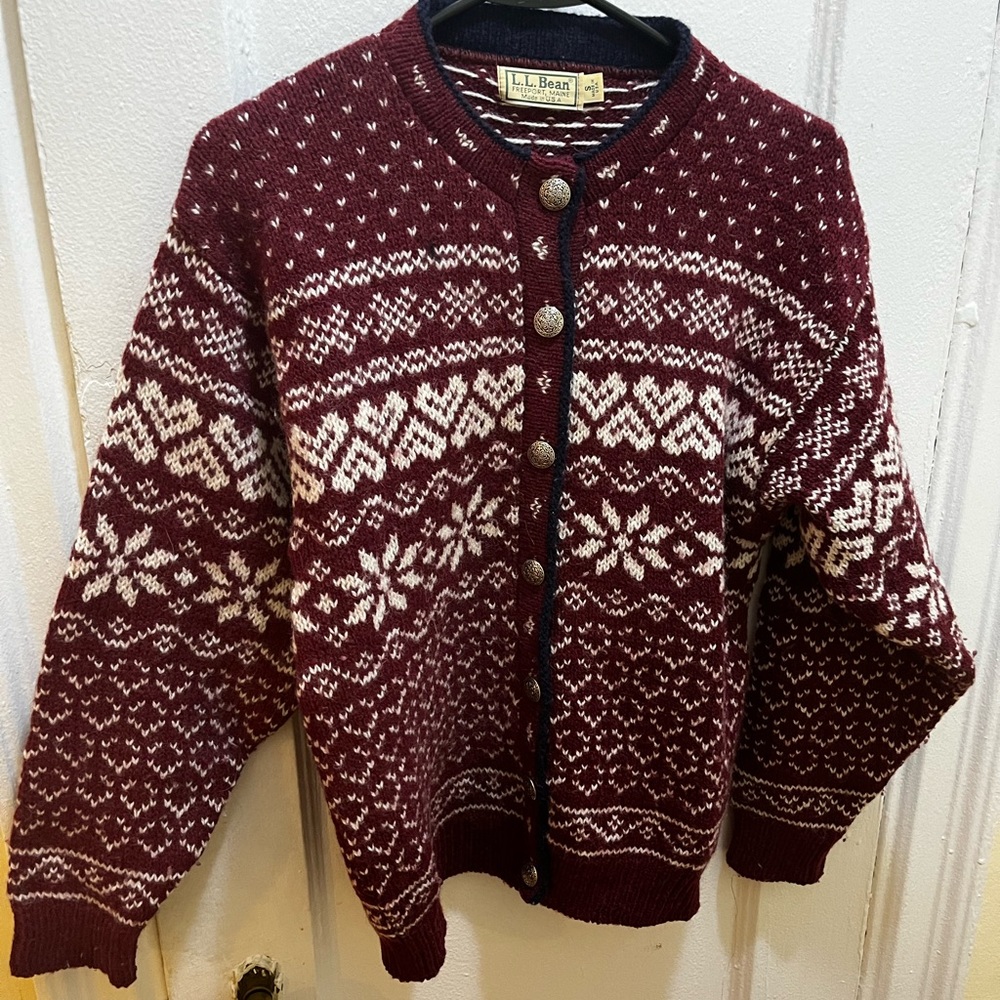 Vintage L.L. Bean Nordic fair isle wool cardigan filigree metal buttons sz S